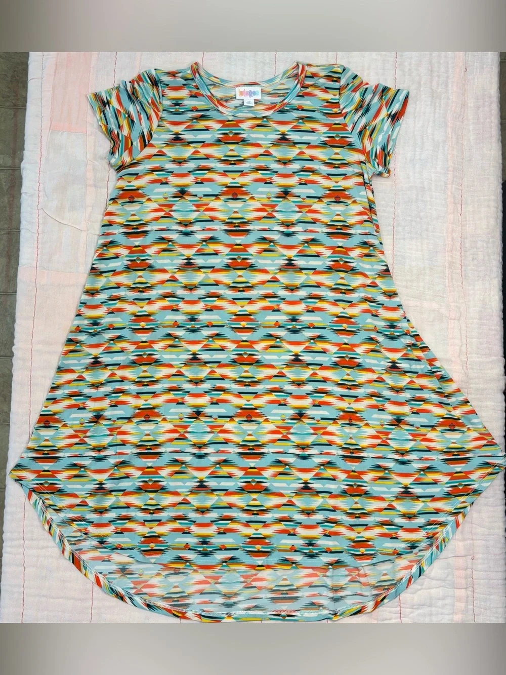EUC LuLaRoe Girls Scarlett Dress, Sz 12, Aztec Design - Teal, Orange, Yellow - Picture 4 of 13